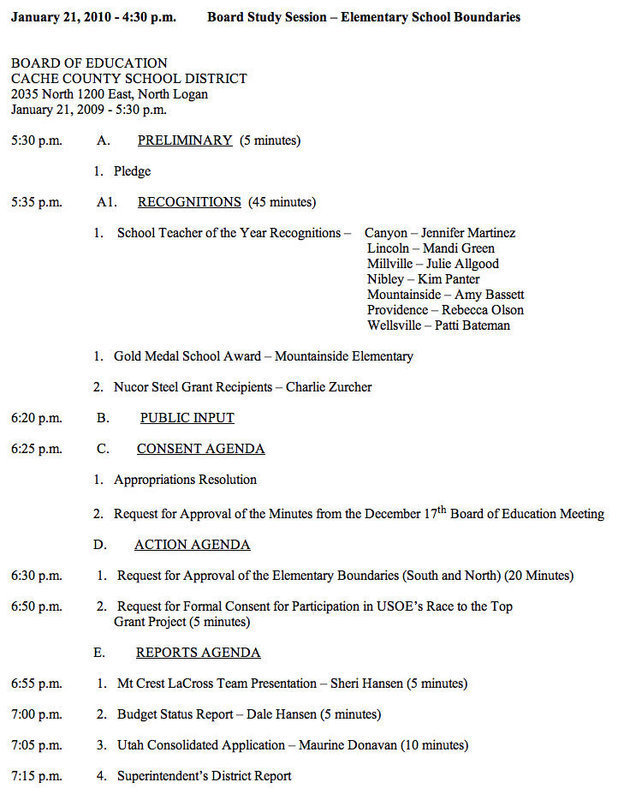 Image: Agenda — Board of Education agenda for January 21, 2010.