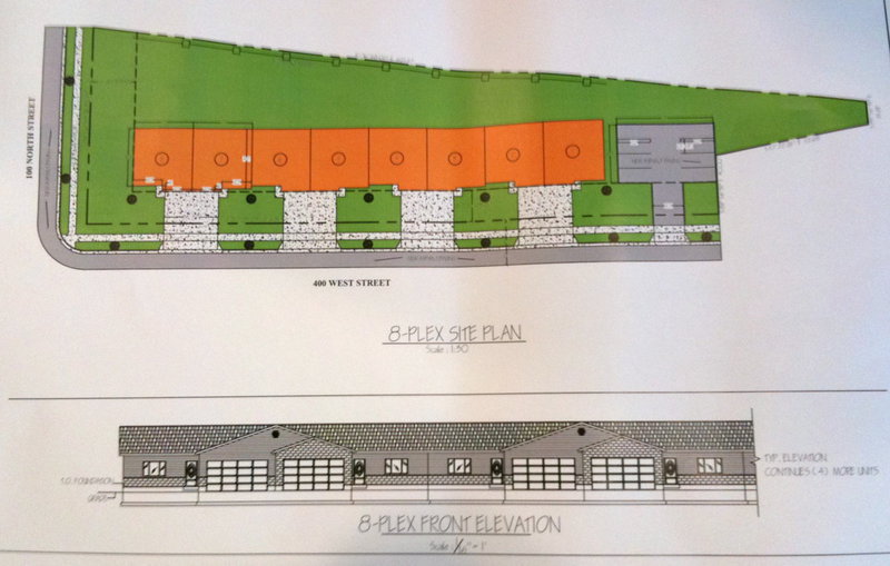 Image: Eight-plex design — The plot plan and elevation of the proposed 8-plex on 400 West.