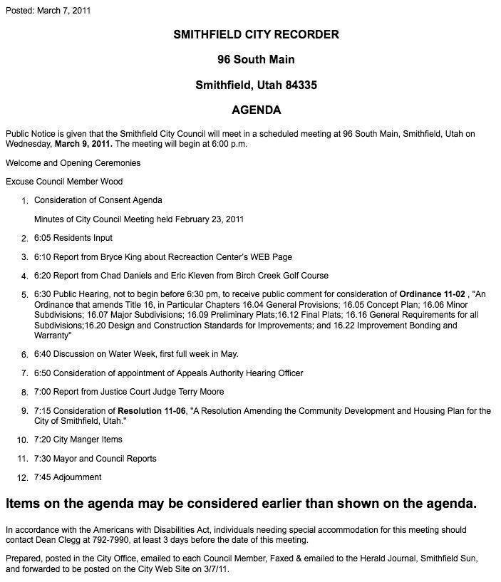 Image: City council agenda for March 9, 2011