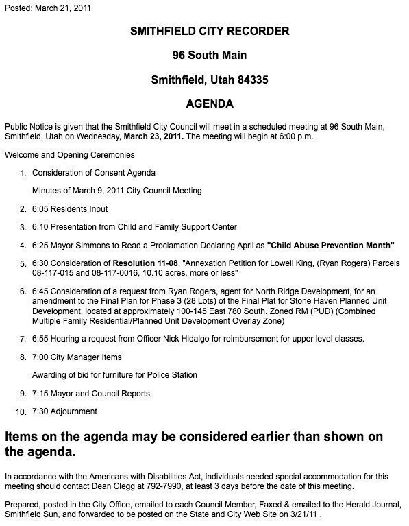 Image: Smithfield City Council Agenda for March 23, 2011
