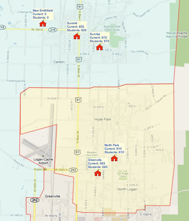 Image: Current boundaries — The current boundaries for Summit, Sunrise, North Park and Greenville elementary schools.