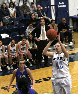 Image: Aubry Boehme, Otero’s post player, goes up for a shot during the season. Boehme led the Lady Rattlers in scoring and blocks during the 2010-2011 season. Her skills on the basketball court have earned her a position in the NJCAA Women’s Basketball Coaches’ Association’s All Star game.